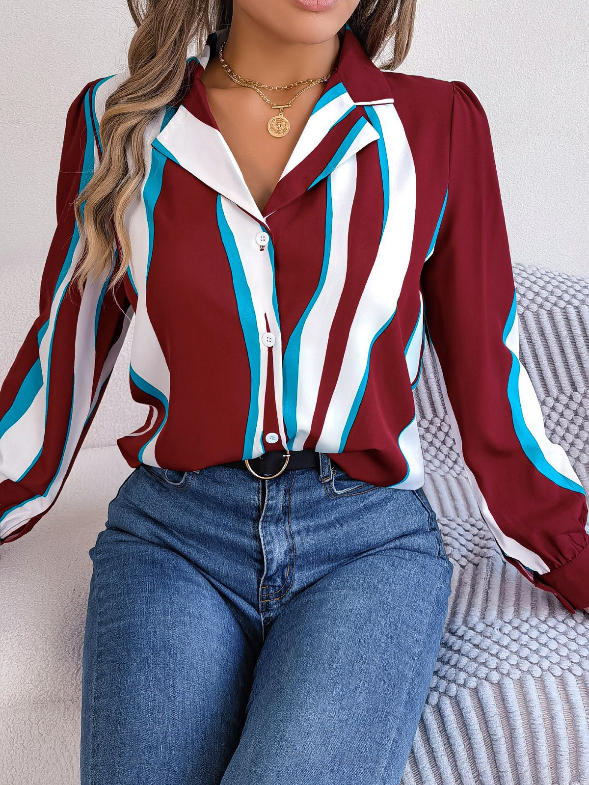 Women's Versatile Contrast Color Striped Collar Long Lace Shirt, Chiffon Shirt