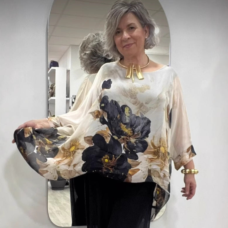 Summer Loose Round Neck Long Sleeve Irregular Large Lace Shirt, Chiffon Shirt