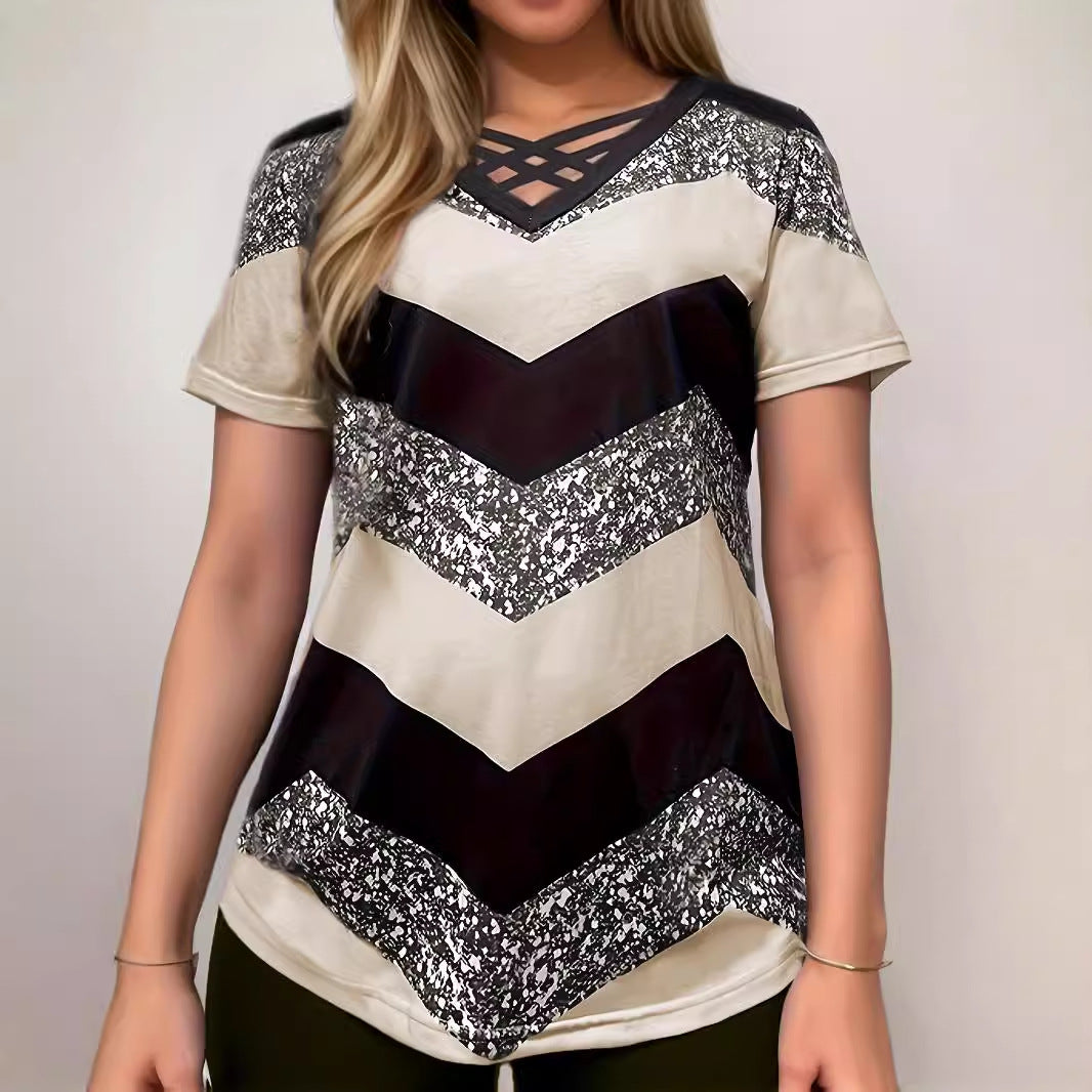 Women's Cross Striped Elegant Casual Short-sleeved Women's T-shirt