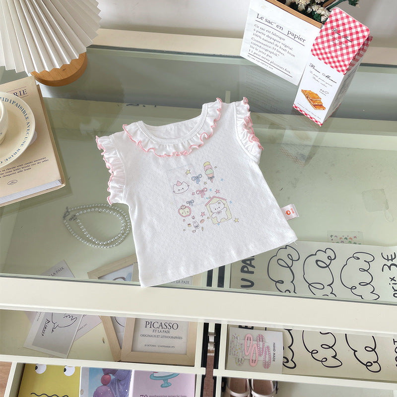 Fungus Flounced Sleeve Cartoon Vest Lace Edge Children's Suit