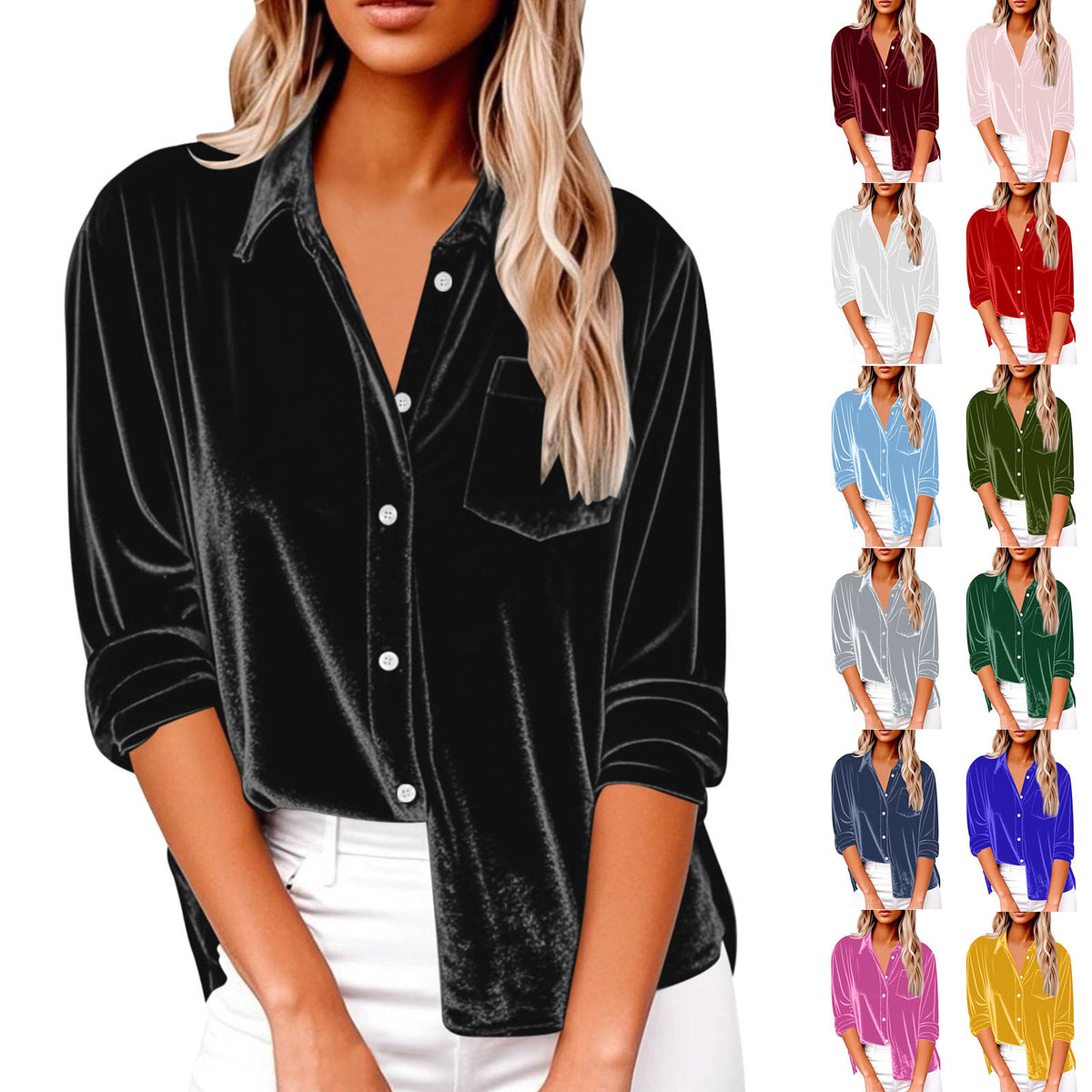 Women's Fashion Casual Long Sleeve Lapel Gold Veet Loose With Blouse