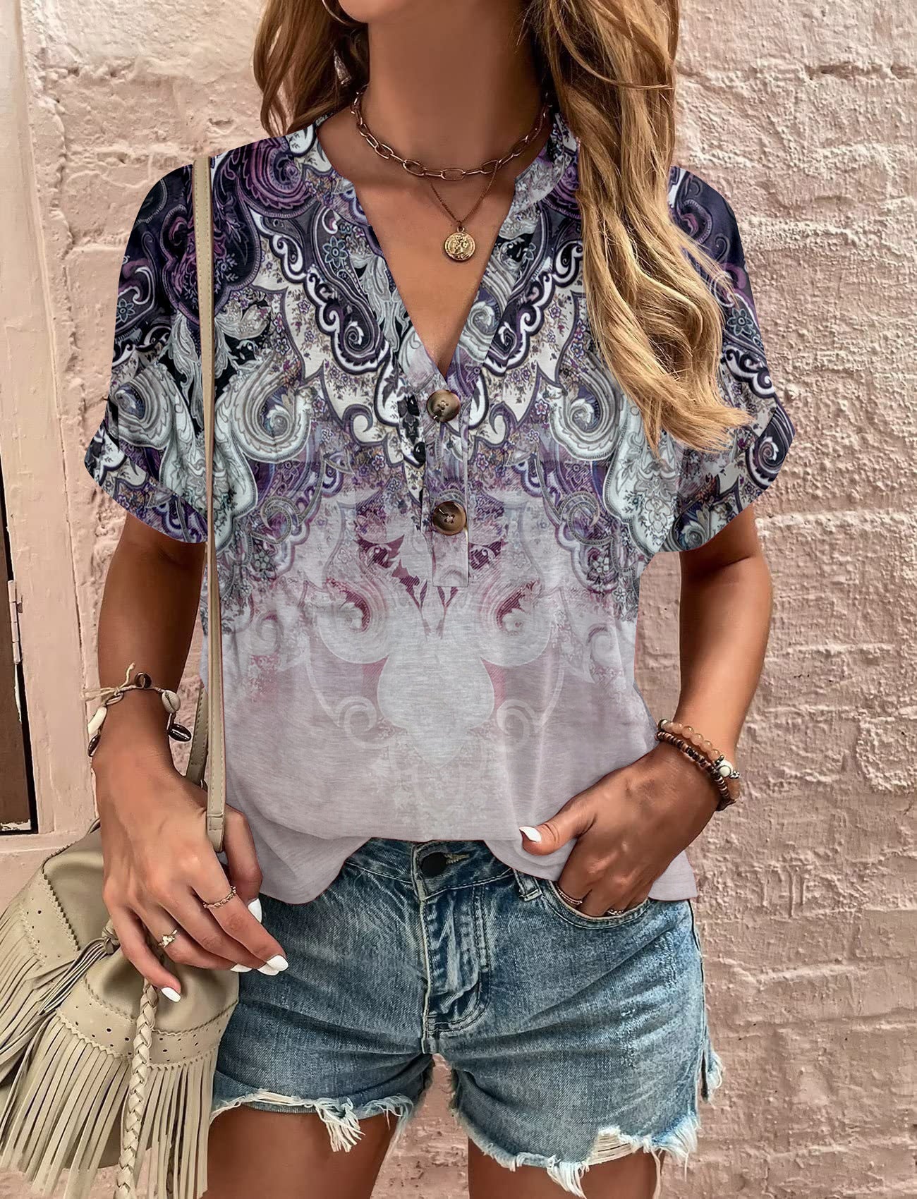 Unique Women's Printed Button Fashion Sleeve Shorts