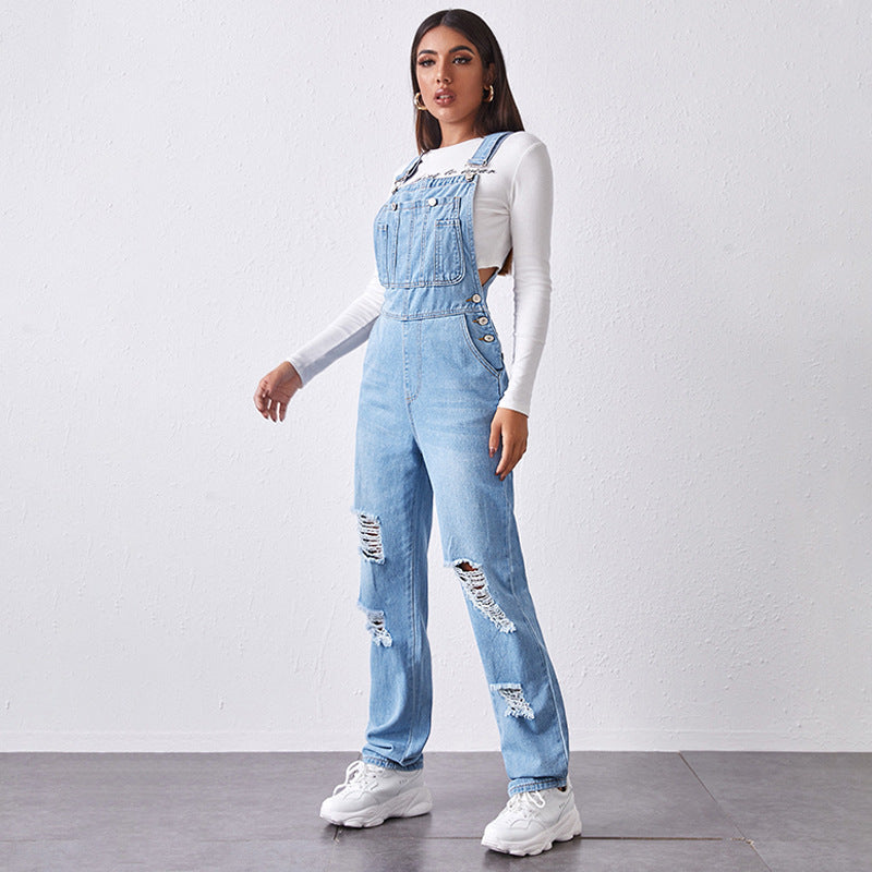 Women's Washed Cut Straight Casual Suspenders Ripped Women's Jeans