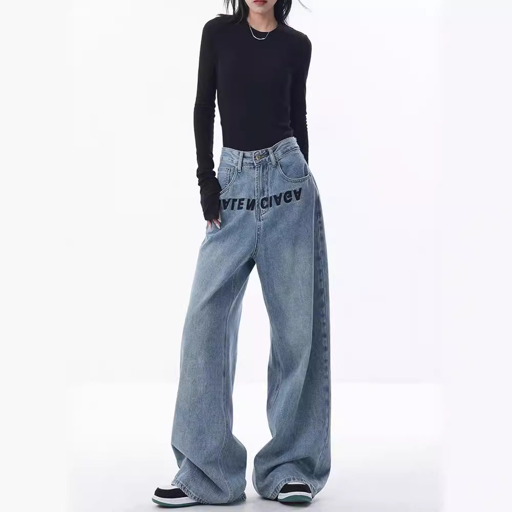 Women's Blue Embroidered Design Loose Mopping Floor Women's Jeans