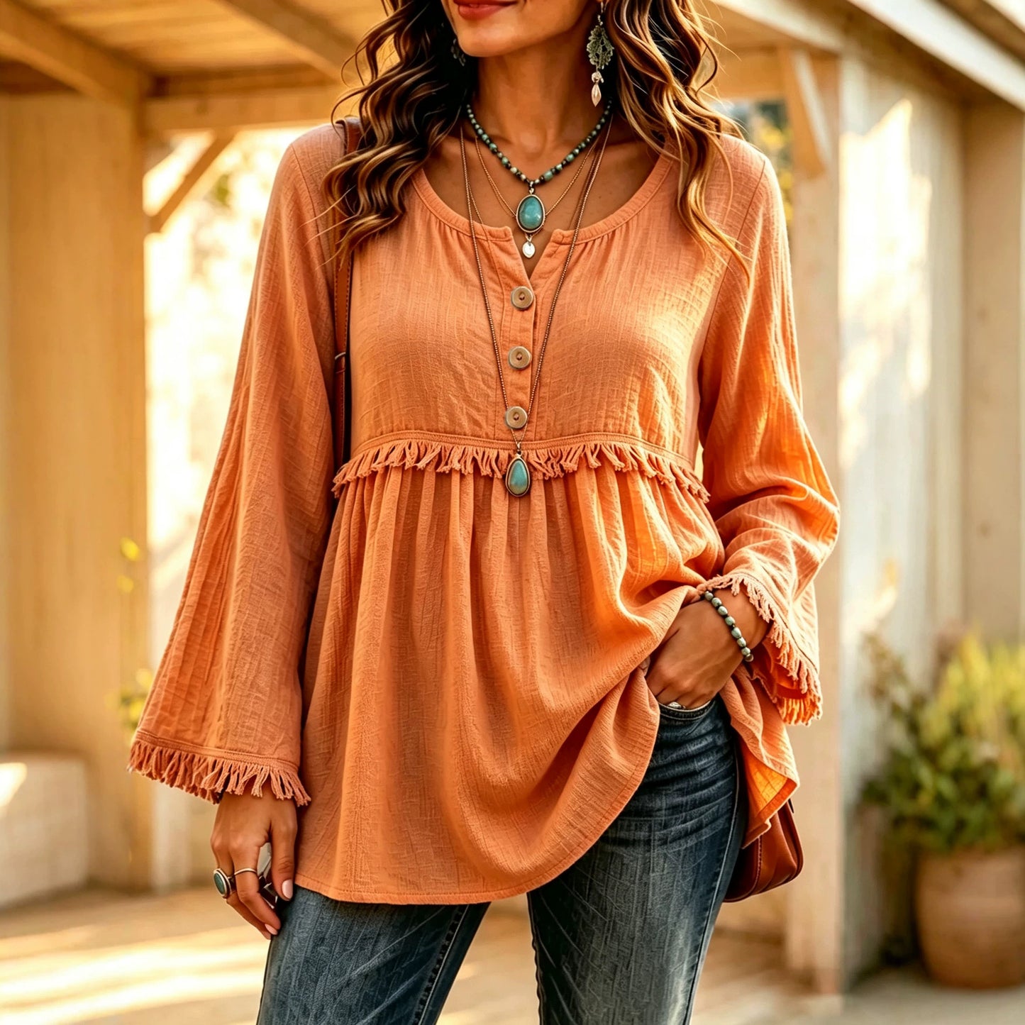 Women's Casual Loose Button Fashion Tassel Solid Color Tops