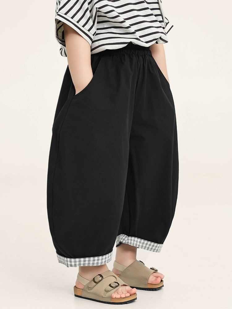 Children's Summer Korean Plaid Contrast Color Cropped Wide Children's Pants