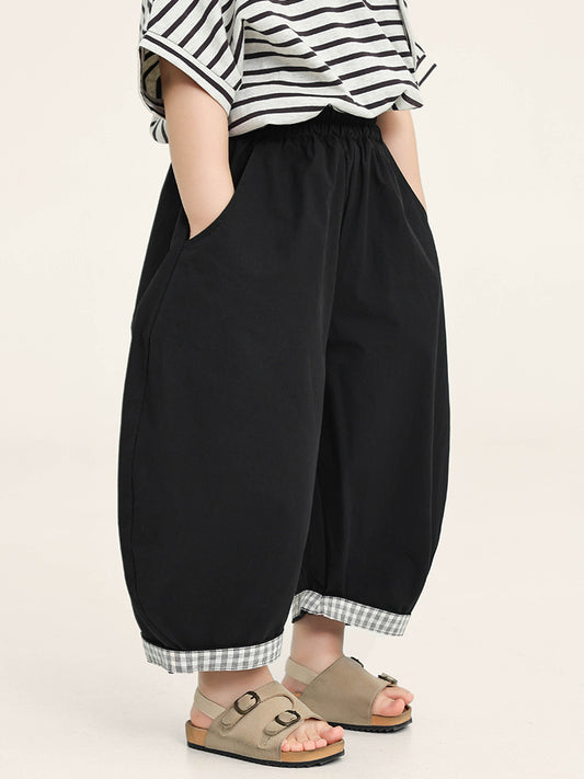 Children's Summer Korean Plaid Contrast Color Cropped Wide Children's Pants