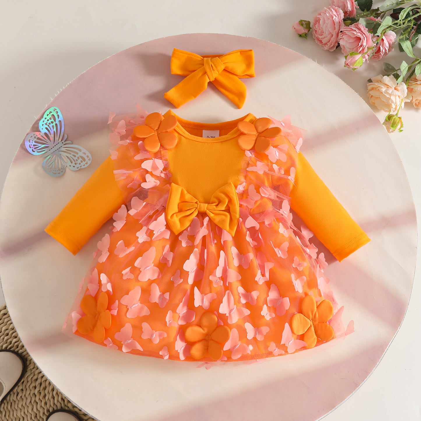 Knitted Fabric Butterfly Mesh Stitching Solid Color Long Sleeve Children's Dress