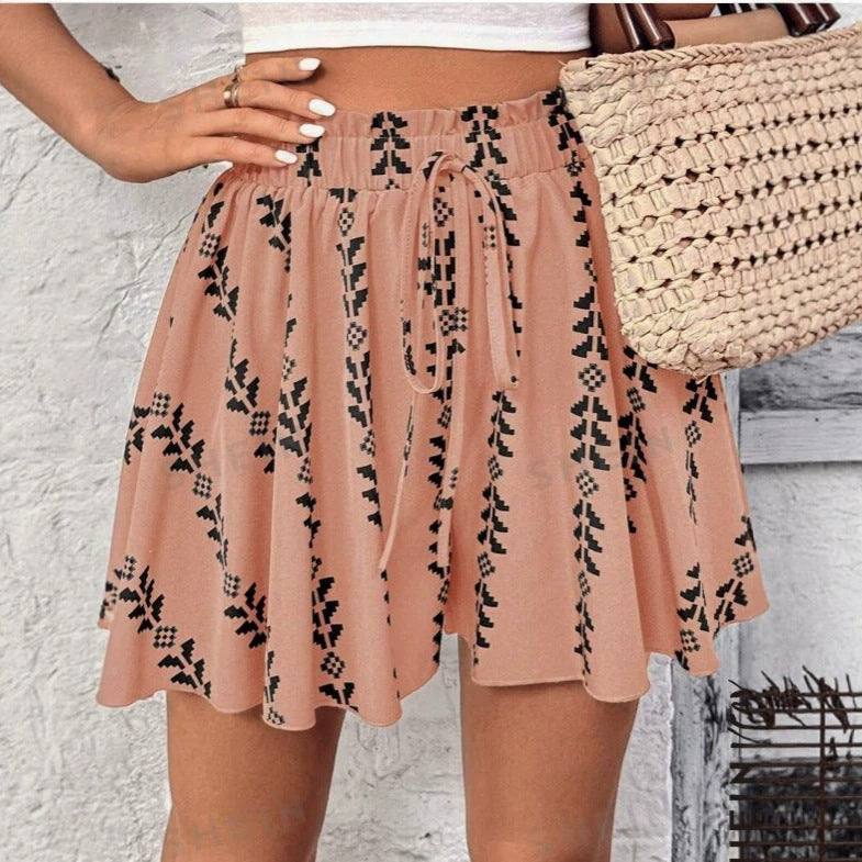 Women's High Waist A- Line Printed Lace Up Casual Slimming Skirt