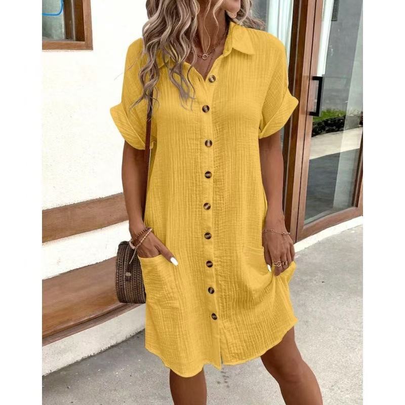 Women's Cotton Linen Breasted Mid-length Sleeve Loose Shirt Shorts
