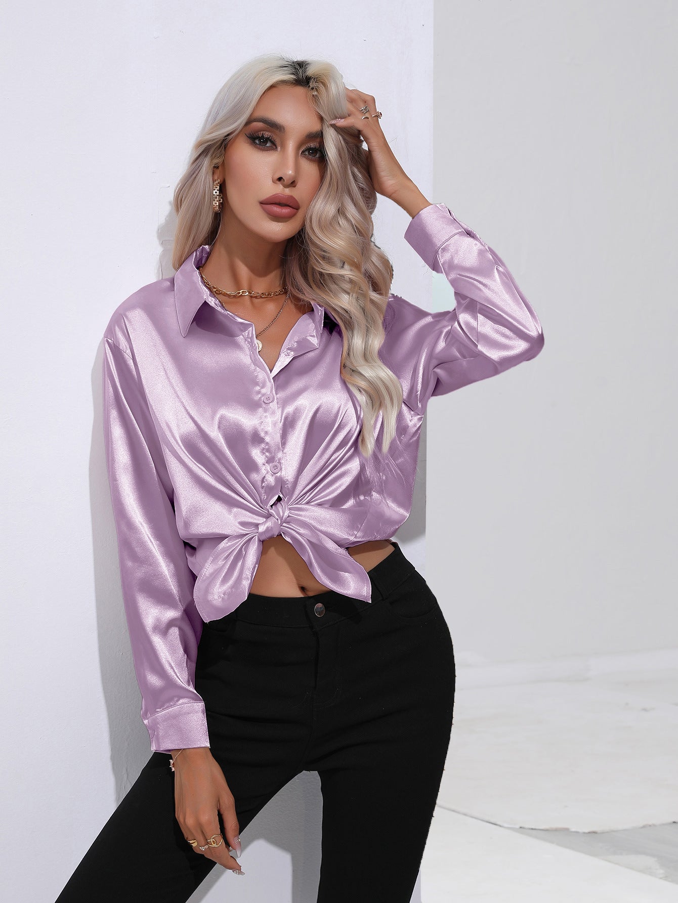 Glamorous Unique Women's Satin Shirt Long-sleeved Blouse