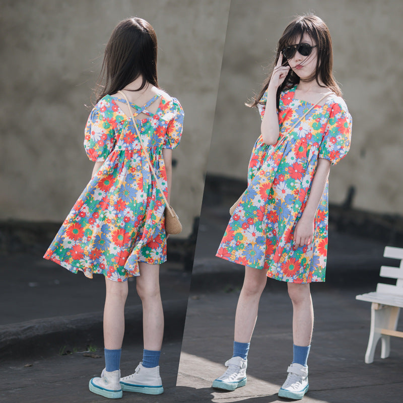 Summer Short Sleeve Printed Floral Skirt Medium Big Thin Wear Children's Dress