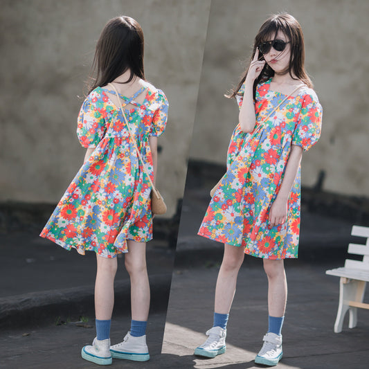 Summer Short Sleeve Printed Floral Skirt Medium Big Thin Wear Children's Dress