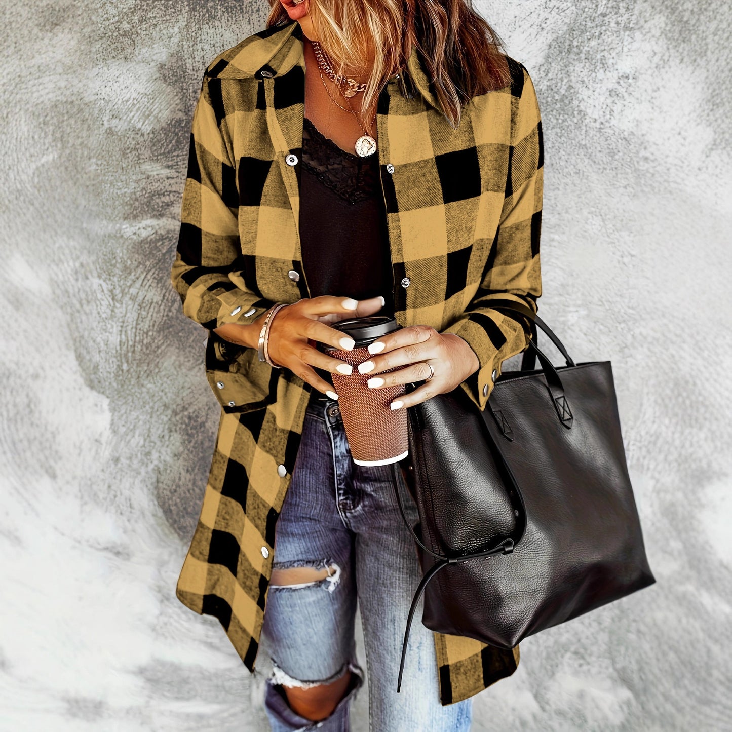 Women's Long Sleeve Plaid Lapel Loose Casual Jackets