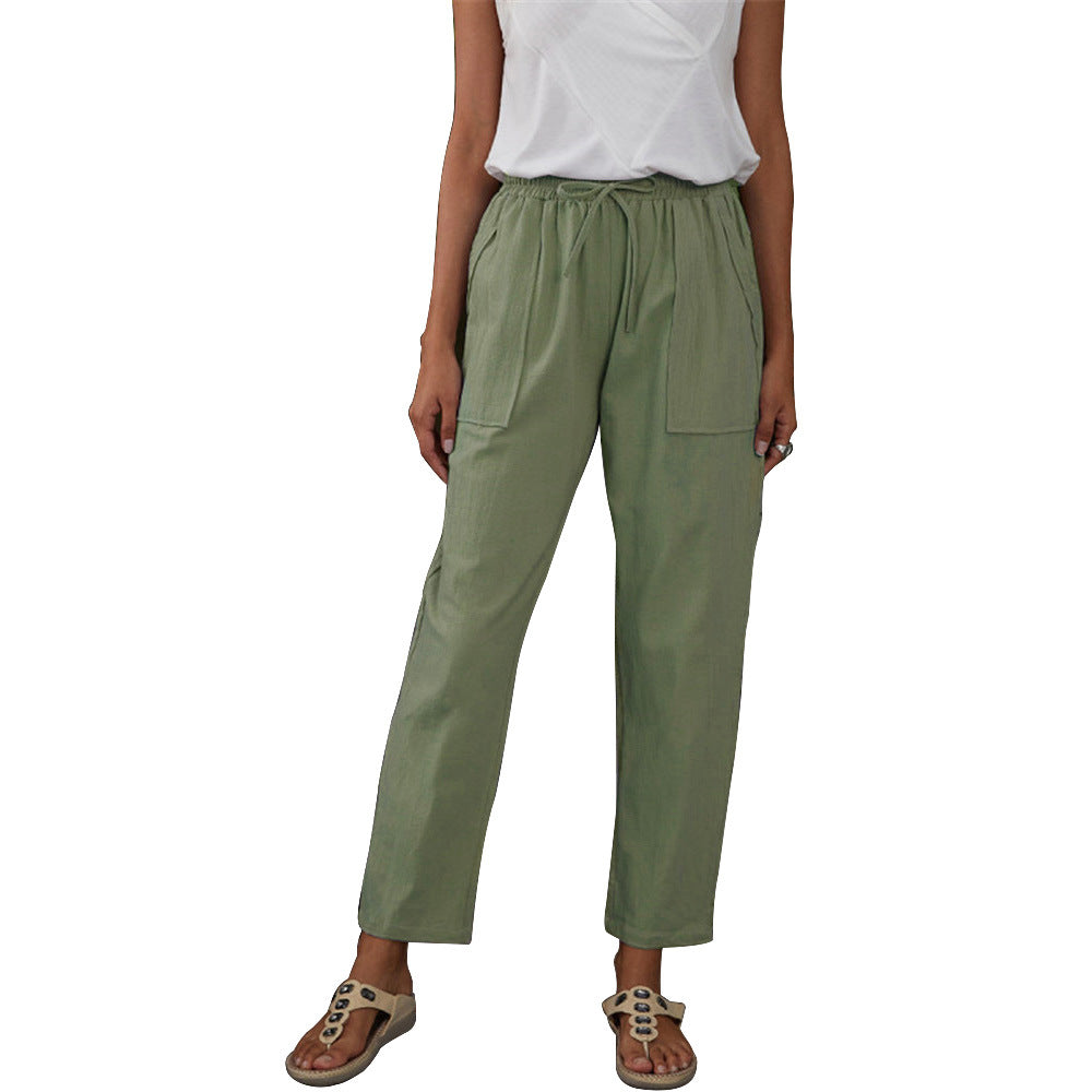 Women's Solid Color Large Pocket Elastic Waist Cotton Linen Casual Pants