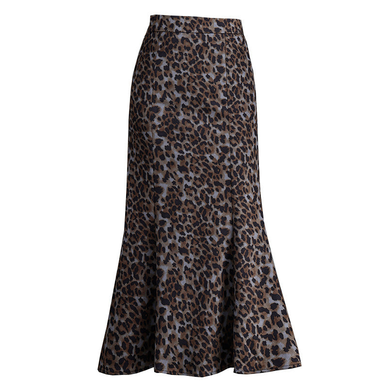 Women's Waist Slimming Leopard Print Mid-length Fishtail Temperament Dress Skirts