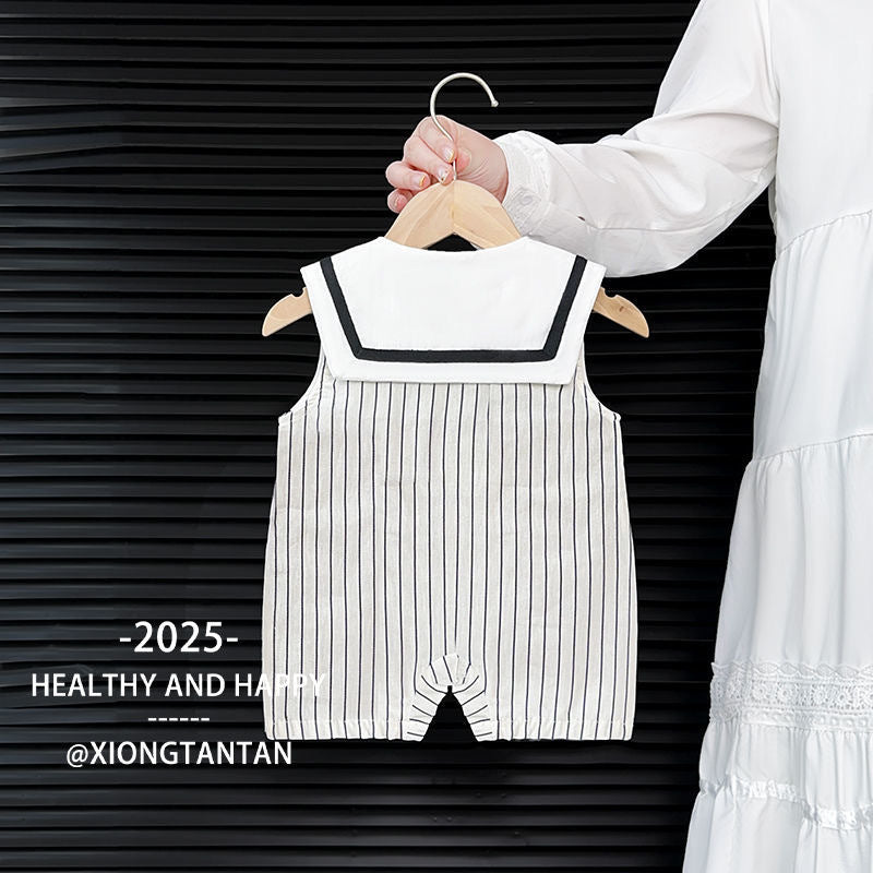 Women's & Men's Summer Thin Woven Sleeveless Striped Wide Shoulder Romper Jumpsuit, Climbing Suit