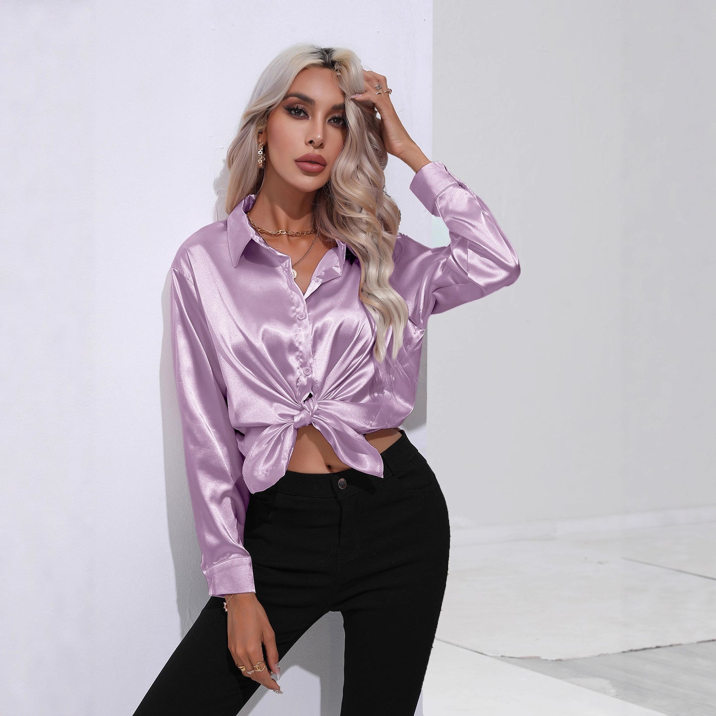 Glamorous Unique Women's Satin Shirt Long-sleeved Blouse