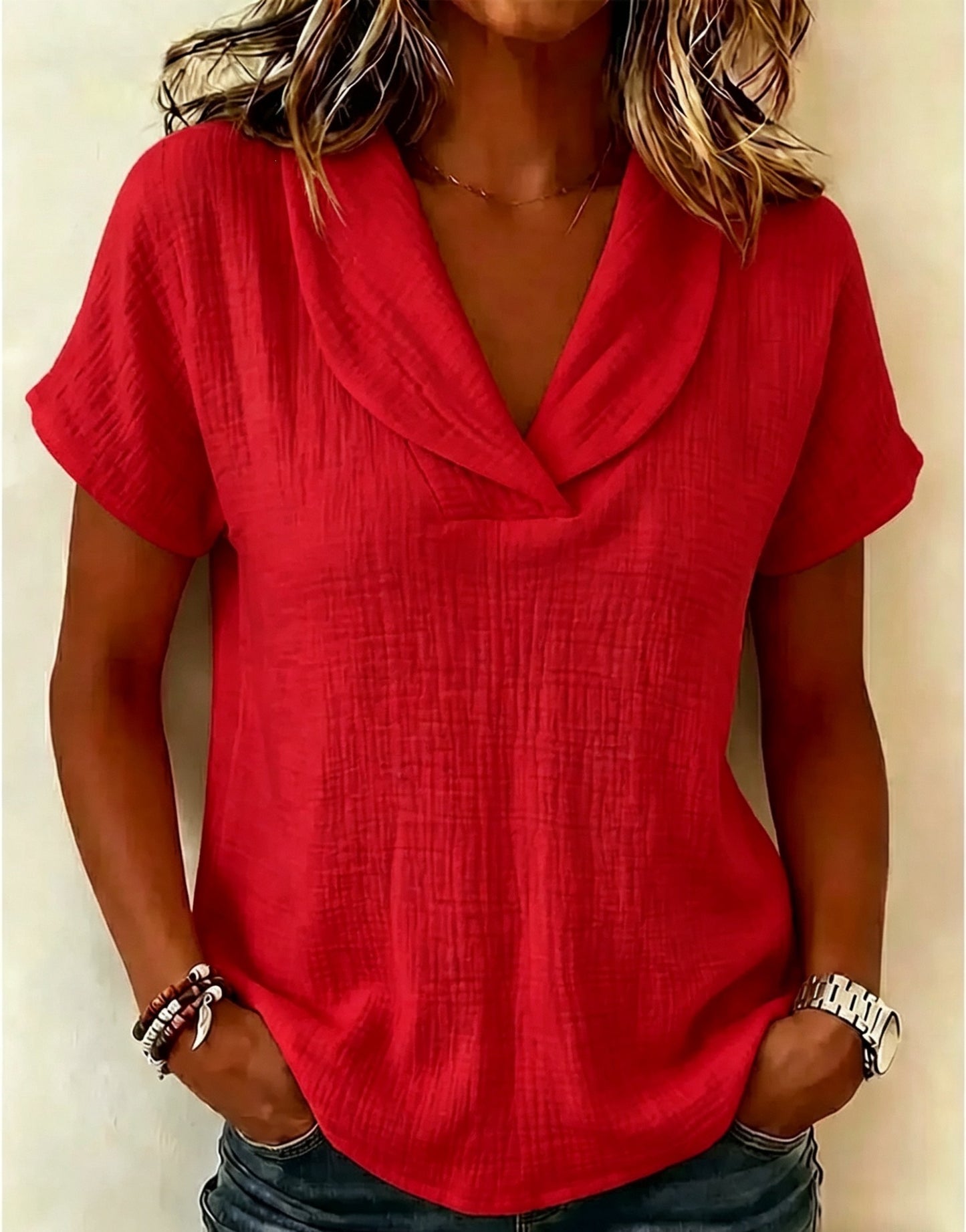 Women's Summer Woven Short-sleeved Shirt Doll Collar Clothing