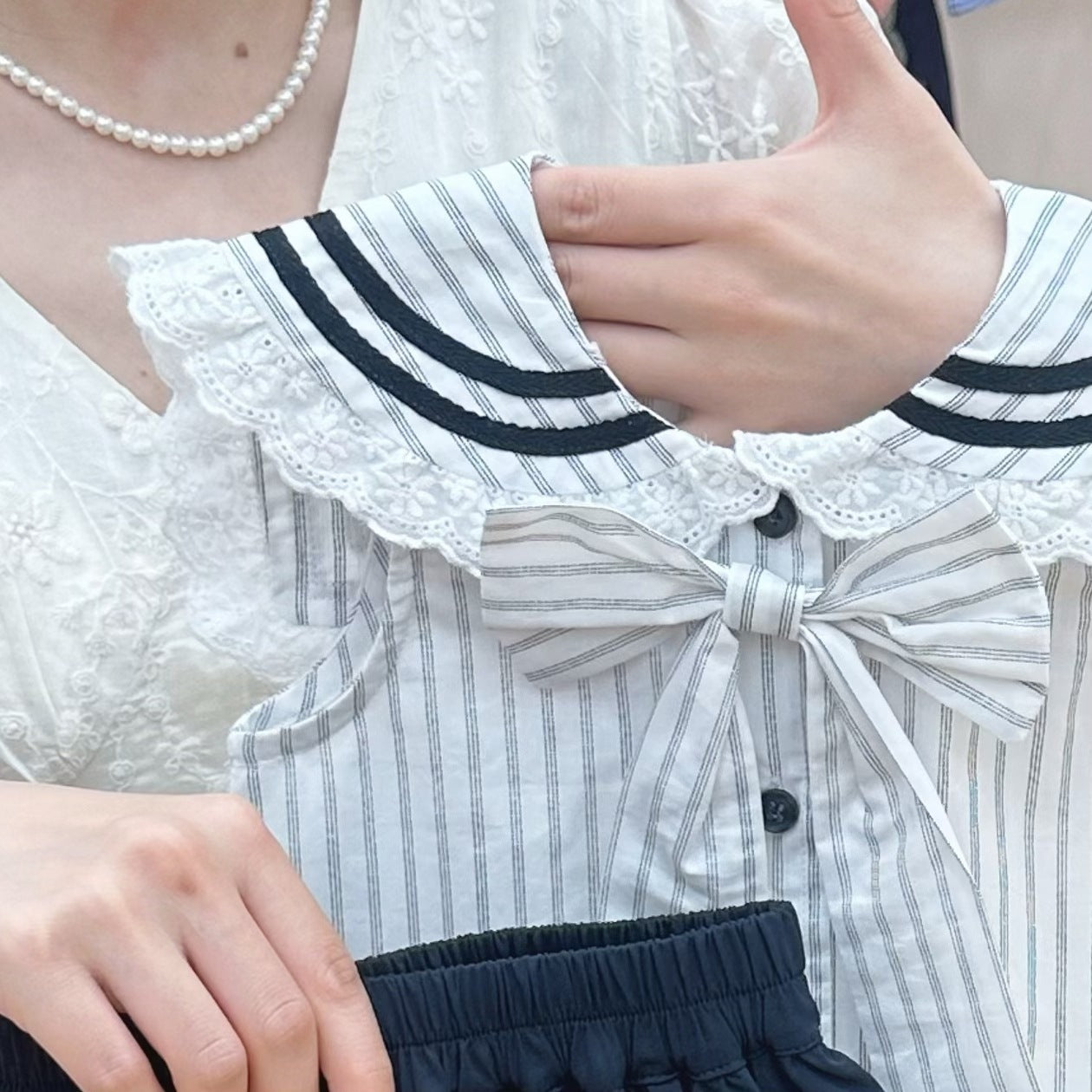 Striped Sailor Collar Top Pleated Skirt Two-piece College Style Children's Suit