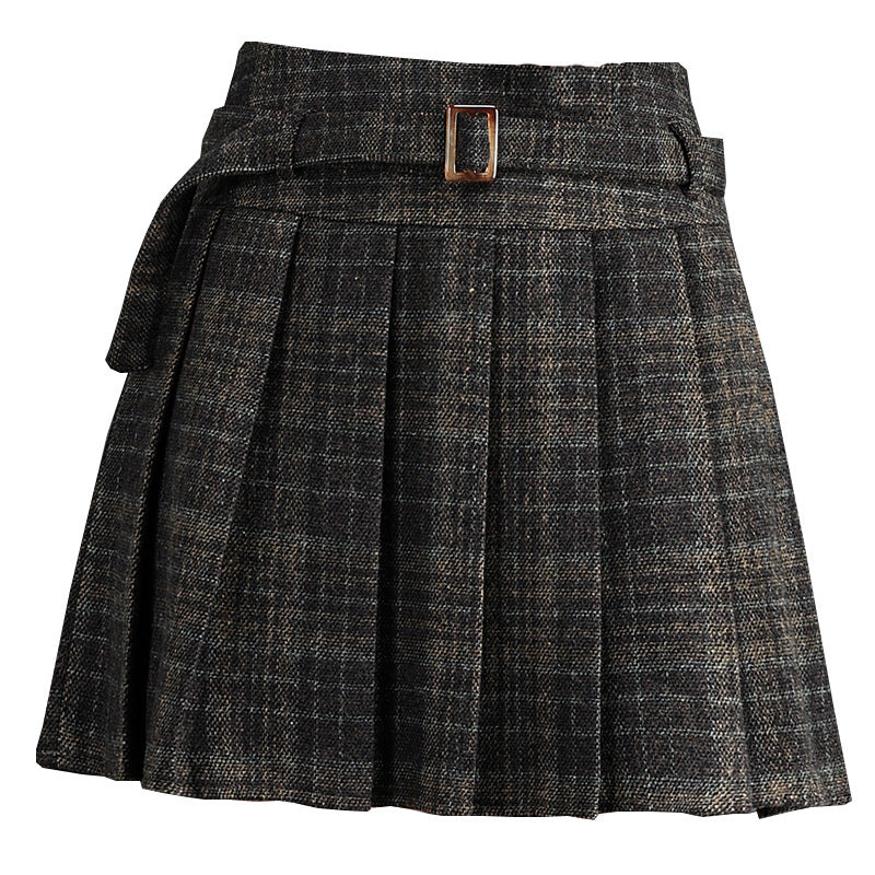 Women's Gray Plaid Pleated Thick High Waist A- Skirt