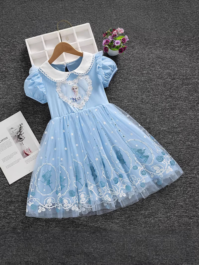Frozen Elsa Summer Princess Skirt Short-sleeved Cotton Lace Children's Dress