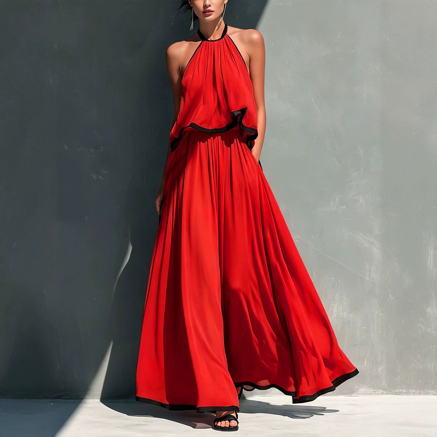 Halter Sleeveless High Waist Big Swing Long High-grade Chiffon Two-piece Fashion Casual Suit