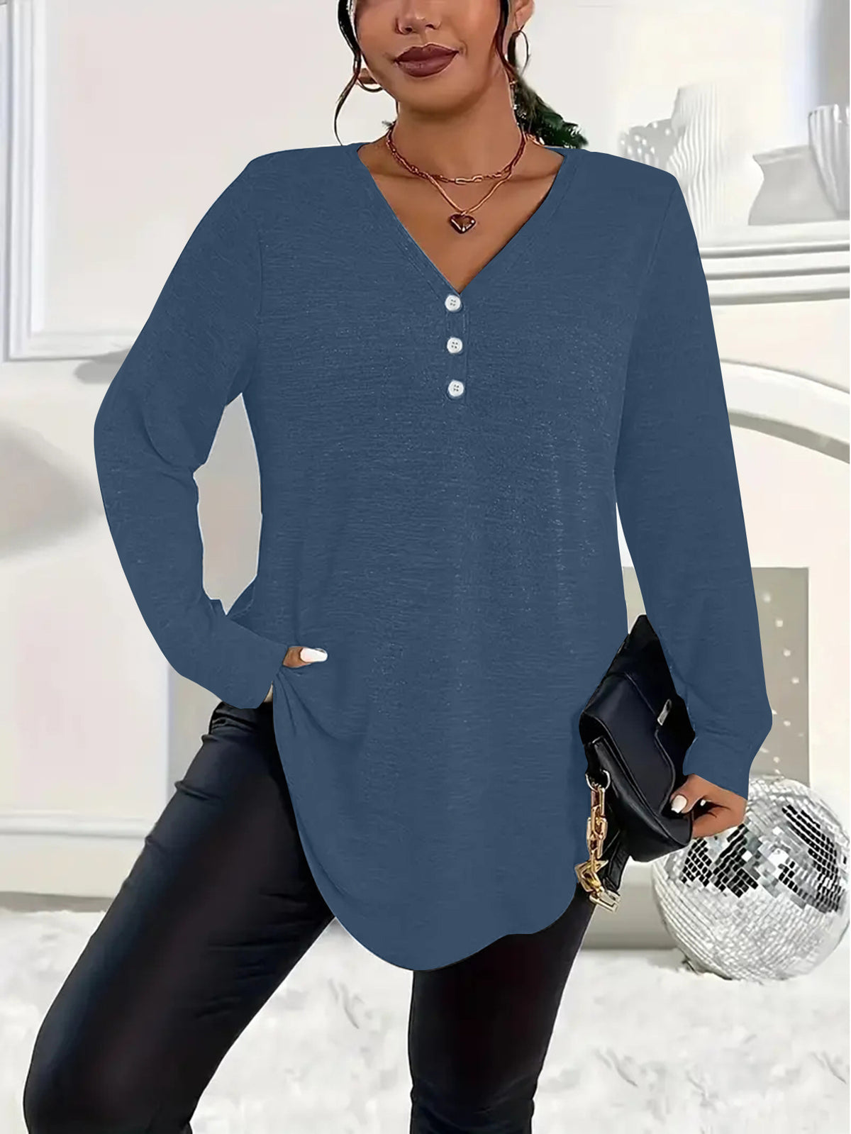 Women's Clothes Buttons Solid Color Long-sleeved Tops