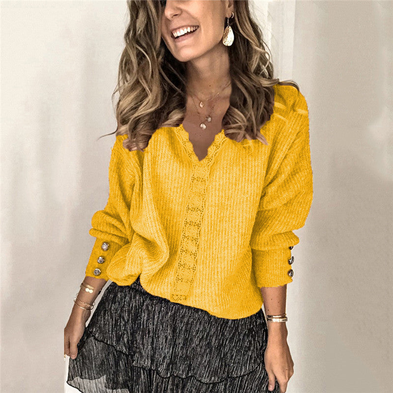 Women's Lace Outer Pullover Loose Long Sleeve Solid Sweaters
