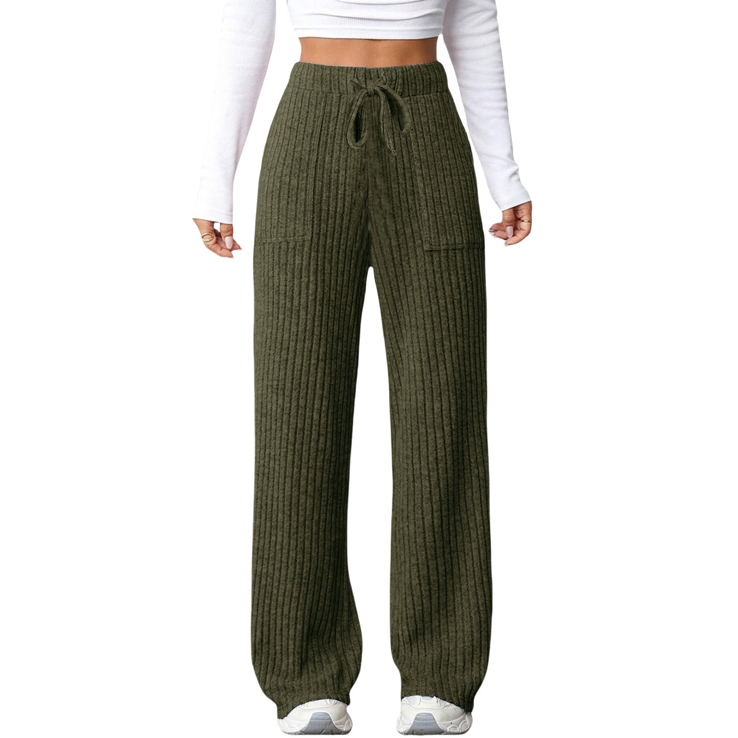 Women's Solid Color Rib Fabric Pocket Casual Pants