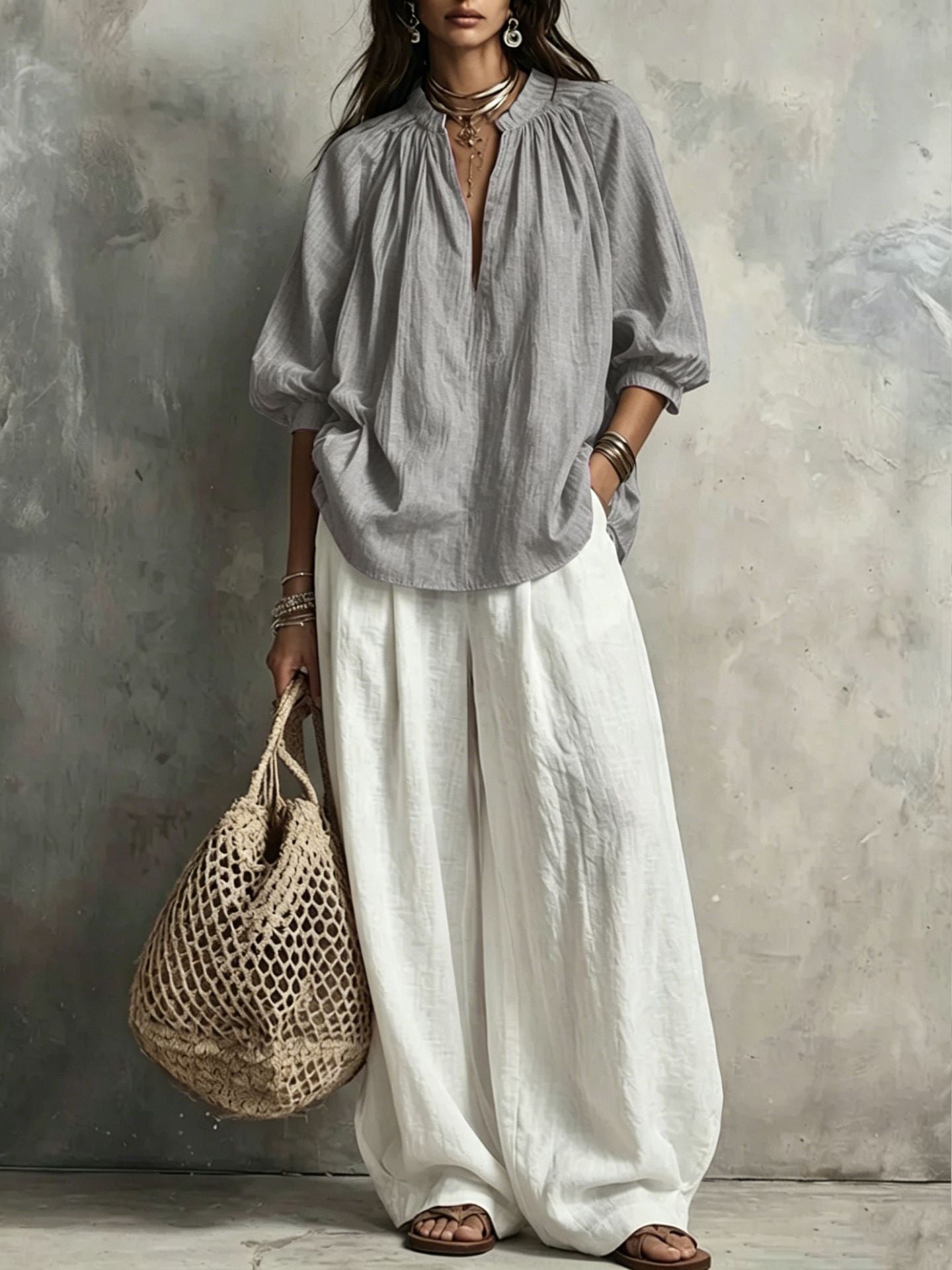 Shirt Loose Slimming Middle Sleeve Vacation Tops