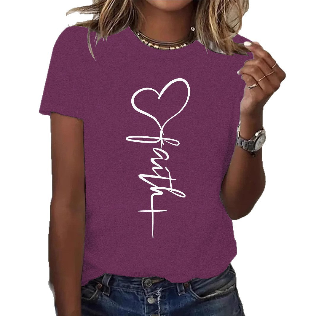 Women's Cute Printed Sleeve Elegant Heart Love Letter Pattern Round Neck Women's T-shirt