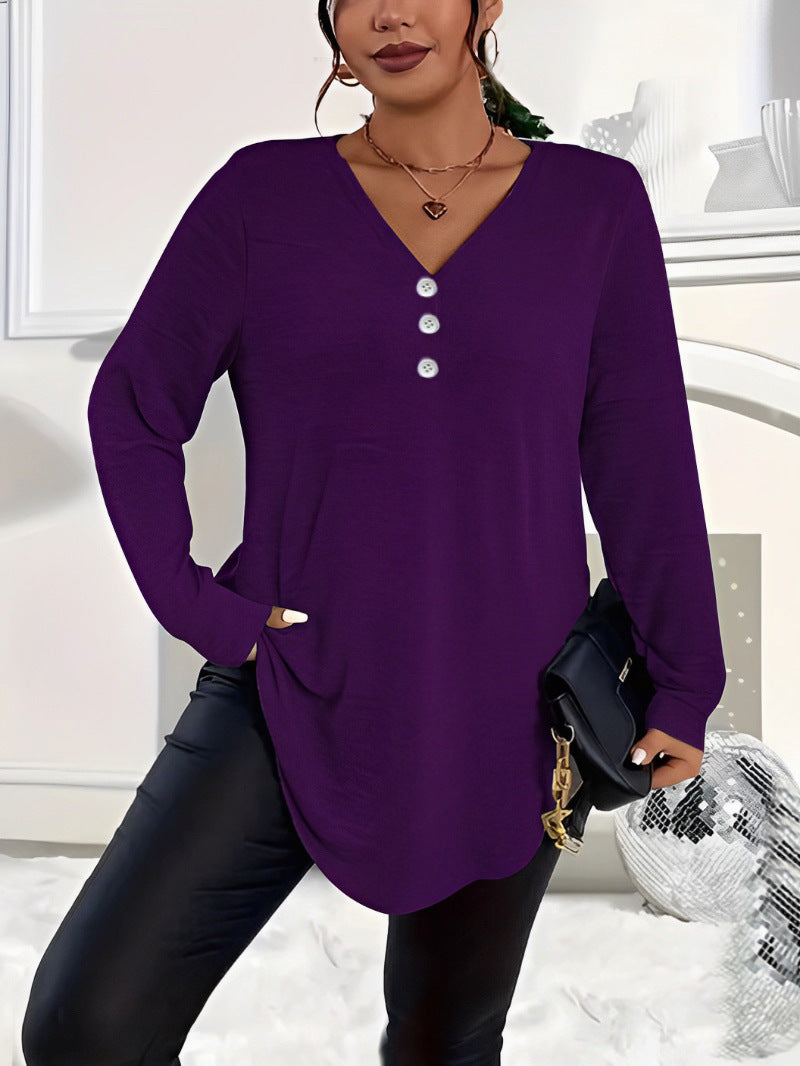 Women's Clothes Buttons Solid Color Long-sleeved Tops