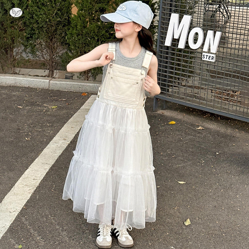 Mesh Suspender Skirt Outfit Summer Middle Big Korean Style Vest Children's Suit