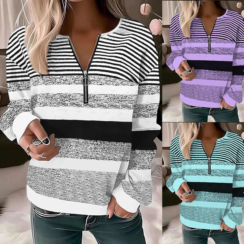Women's Comfortable Fashion Half Zipper Collar Shoulder Striped Large Size T-shirt