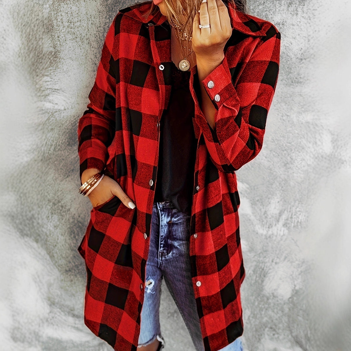 Women's Long Sleeve Plaid Lapel Loose Casual Jackets