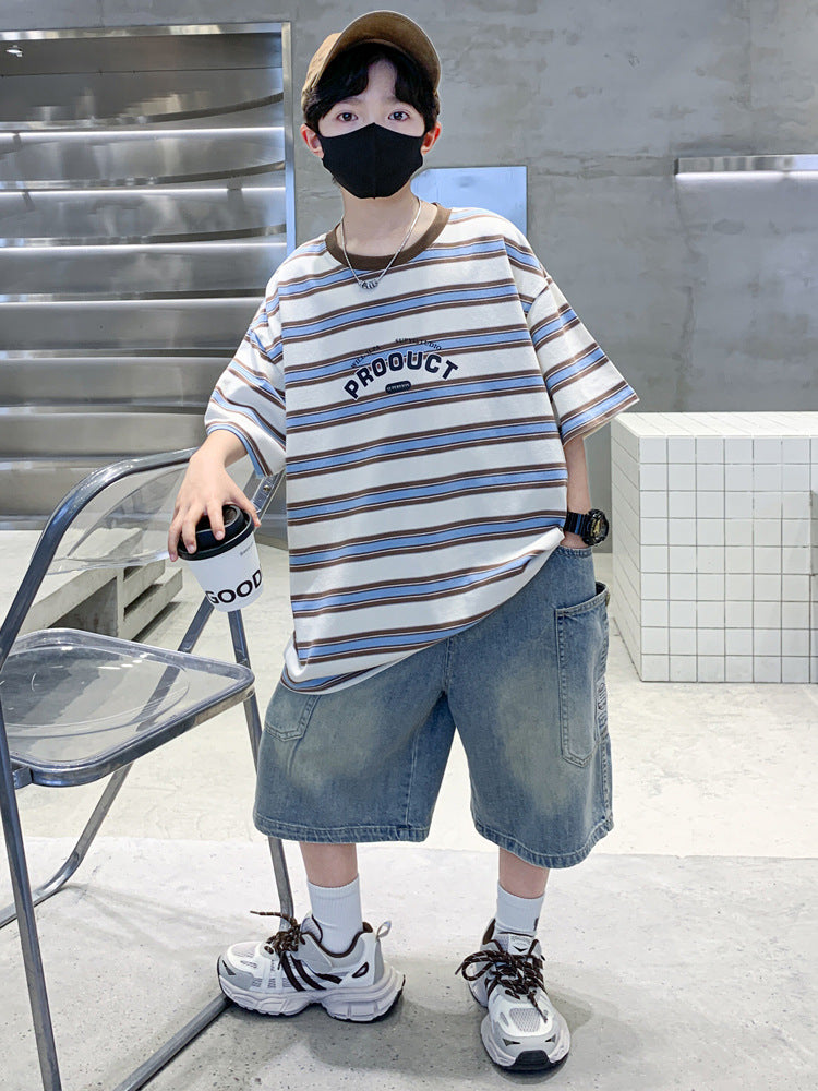 Children's Summer Striped Short-sleeved Shorts Two-piece Medium Big Children's Suit