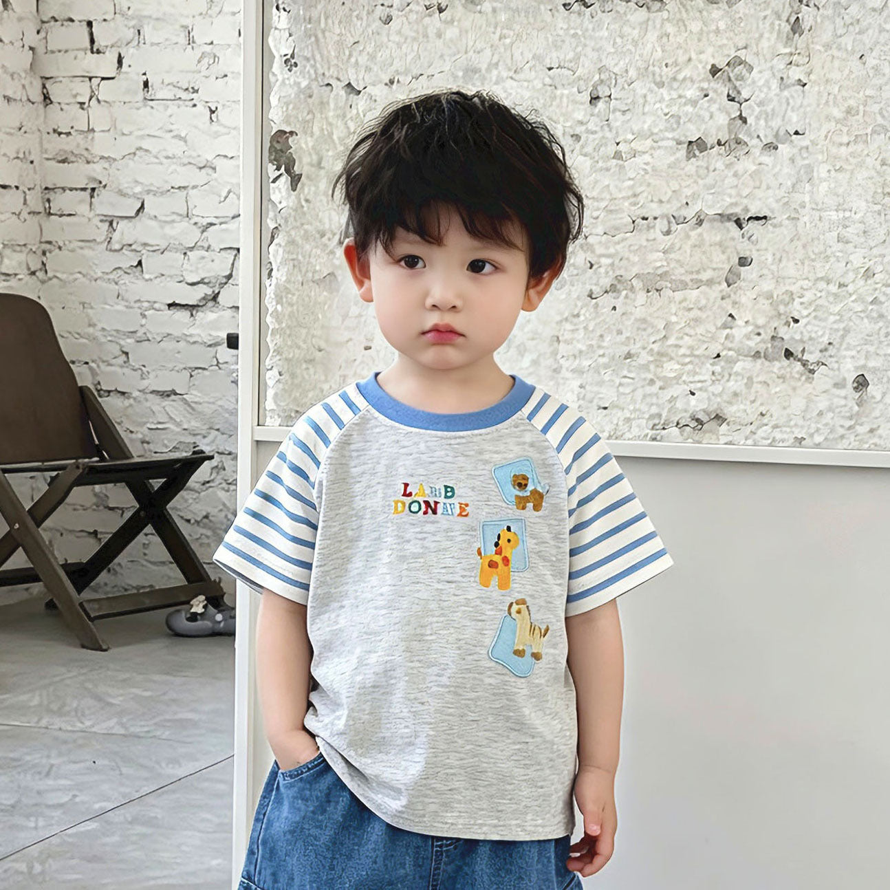 Children's Boy's Short-sleeved Summer Clothes Cartoon Embroidered Crew Neck Striped Short Children's T-shirt