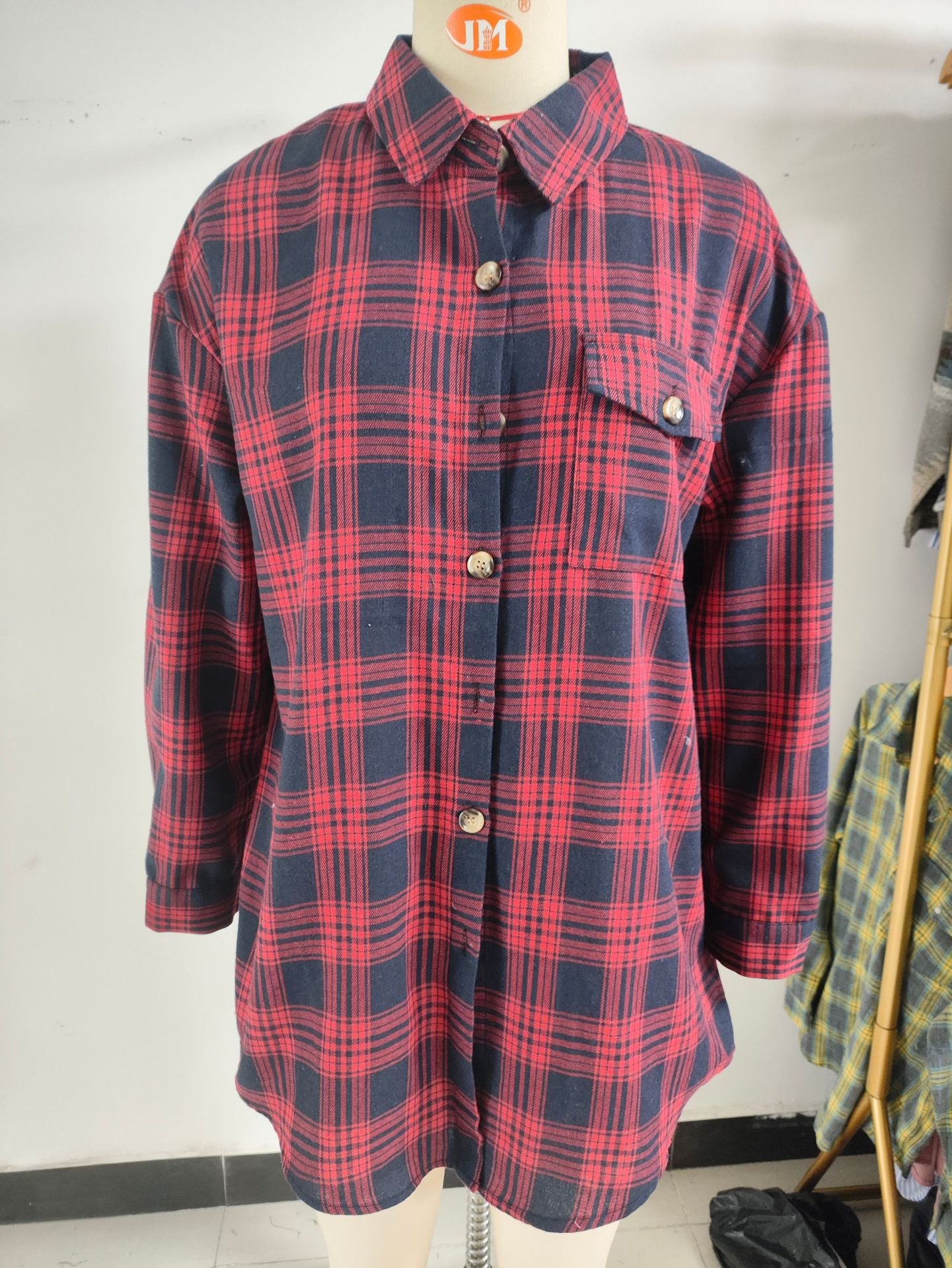 Style Plaid Shirt Brushed Long Sleeve Blouse