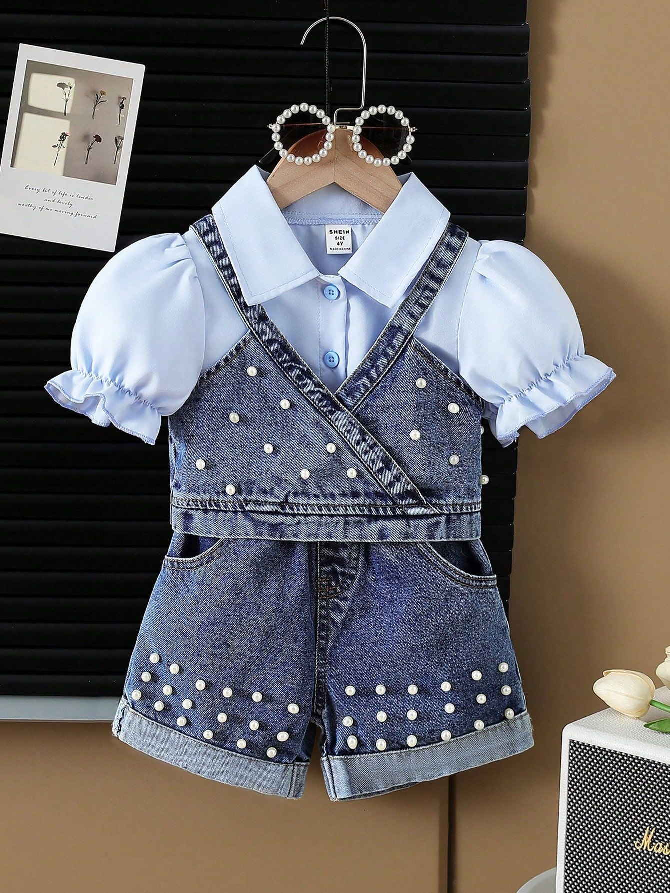 Summer Lapel Shirt Denim Vest Beaded Jeans Children's Suit