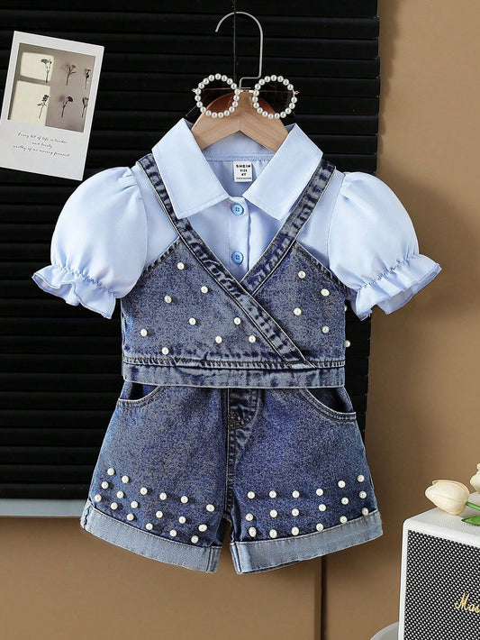 Summer Lapel Shirt Denim Vest Beaded Jeans Children's Suit