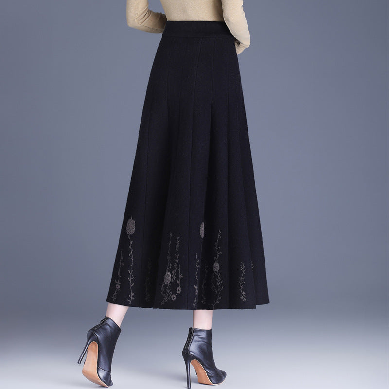 Women's High Waist Wool Big Hem A- Line Knitted Dress Pleated Skirt