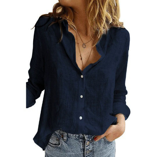 Women's Casual Loose Long-sleeved Linen Shirt Sleeved Blouse
