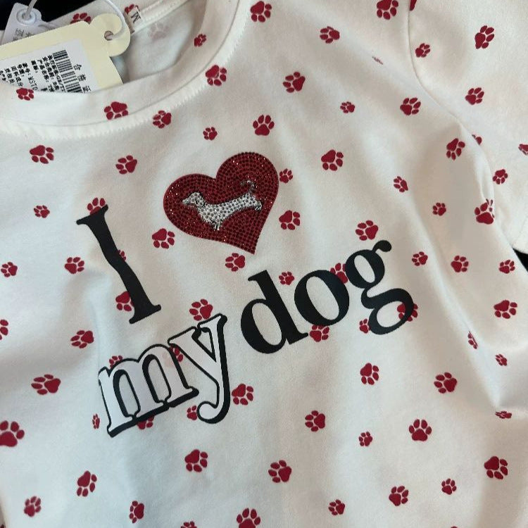 Children's Summer Love Rhinestone Dog's Paw Full Printed Short-sleeved Bottoming Shirt Children's T-shirt