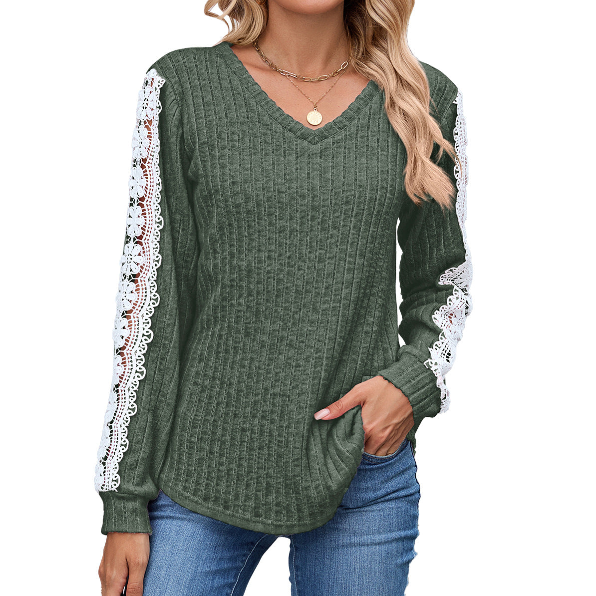 Women's Loose Long Sleeve Lace In Contrast Women's T-shirt