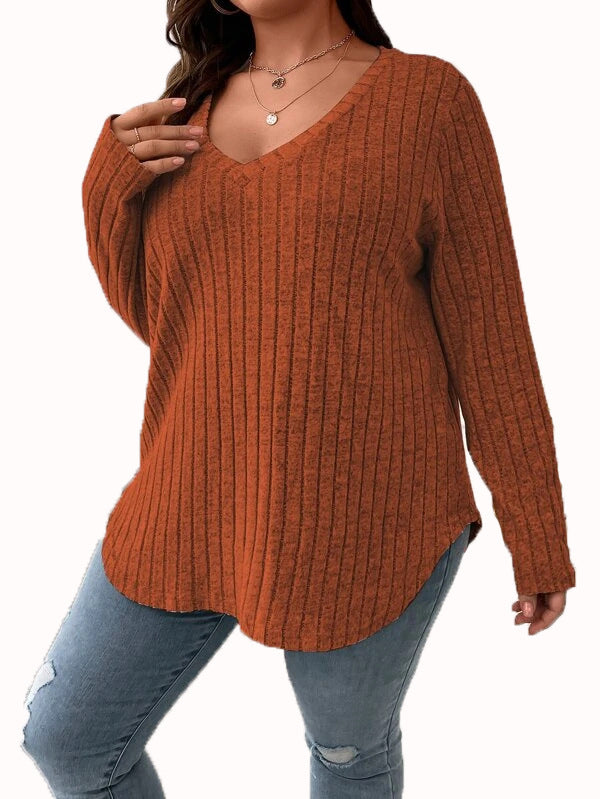 Women's Solid Color Clothes Long Sleeve Sunken Stripe Brushed Loose Tops