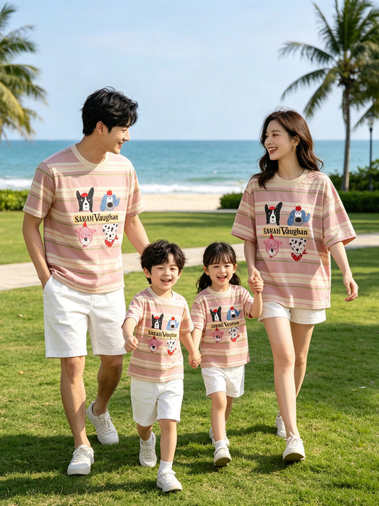Cartoon Puppy Short Sleeve Family Four Seaside Vacation Loose Western Parent-child Outfit