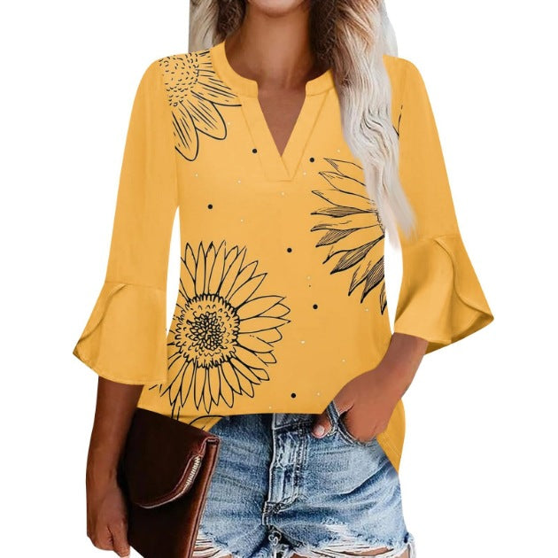 Women's Shirt Petal Sleeve Fashion Printed Loose Blouse