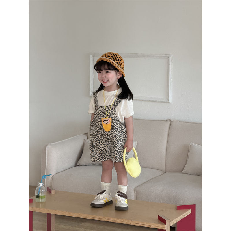 Children's Summer Soft Leopard Print Suspender Pants White T-shirt Children's Suit