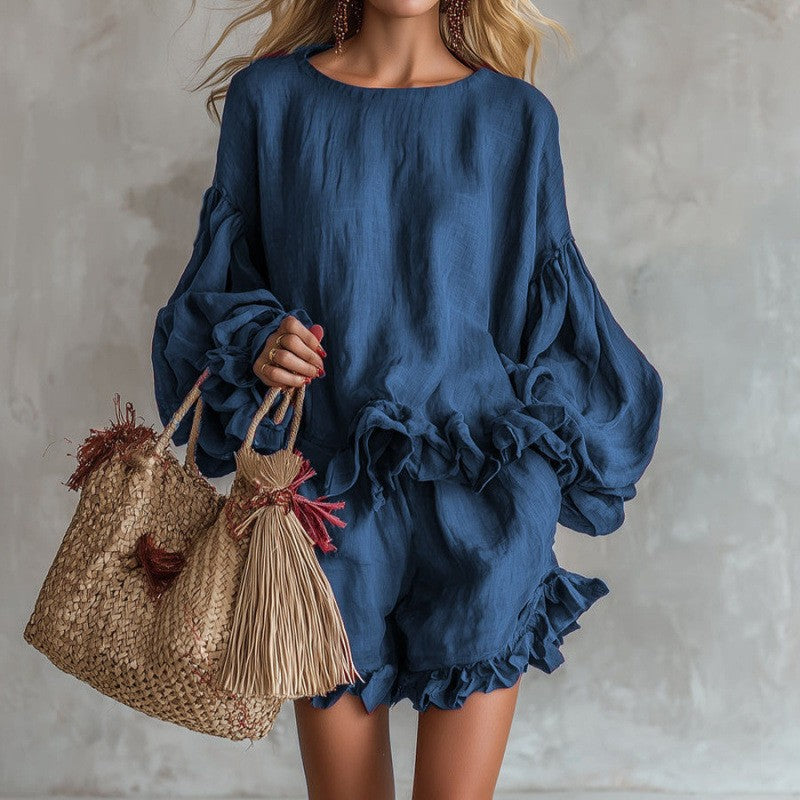 Women's Loose Bishop Sleeves Ruffled Two-piece Set Shorts